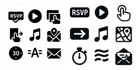 Event and communication solid icons set – filled, rsvp, navigation symbols