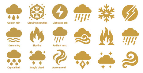 Weather and nature solid icons set – filled, symbolizing elements and climate effects