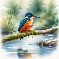 A vibrant watercolor illustration of a Common Kingfisher perched on a mossy branch over a crystal-clear stream. Its iridescent blue and orange feathers shimmer in the soft sunlight, with delicate refl
