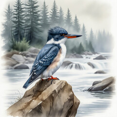 A detailed watercolor of a Belted Kingfisher perched on a rocky outcrop near a rushing river. The bird’s blue-gray plumage and white chest stand out against the misty, 