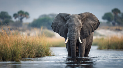 Obraz premium Close-range view of a bull elephant from a boat, displaying assertive behavior along the Chobe River between Botswana and Namibia during the lush season