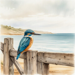 A serene watercolor of a Sacred Kingfisher perched on a weathered wooden fence, overlooking an open coastal landscape. 
