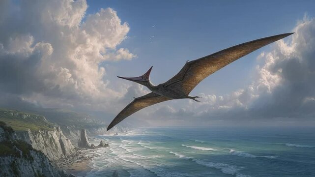 Pterodactyl soars over majestic coastline, an ancient journey across time and landscape
