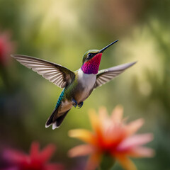 Watercolor A vivid photorealistic image of a Violet-crowned Hummingbird feeding from a vibrant fuchsia-colored flower in a southwestern garden. Its striking violet crown and iridescent feathers shine 