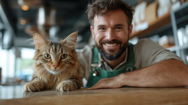 A cheerful man poses with a fluffy cat in a cozy coffee shop, creating a warm and friendly environment that captures the joy of companionship and love for animals. - Powered by Adobe