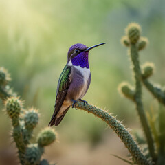 Watercolor A striking scene of a Costa’s Hummingbird perched on a spiny desert plant. Its vibrant purple crown and throat stand out against the soft green desert background, with the light reflecting 