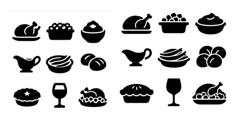 Thanksgiving solid icons set – filled, festive dinner, autumn symbols