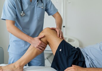 Doctor performs a knee examination on a patient, providing medical care and assessment.