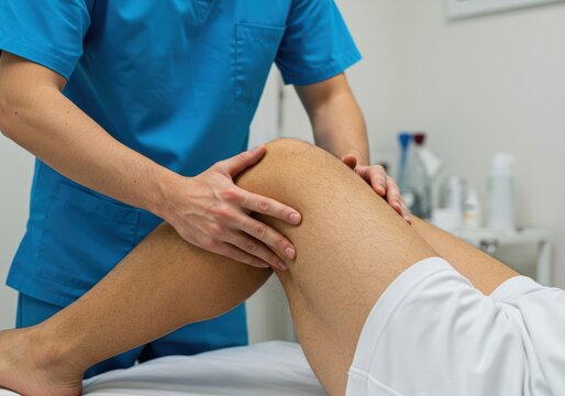 Physical therapist examining a patient's knee during a medical checkup.