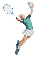 Woman in action pose playing badminton with racket and shuttlecock up high transparent background