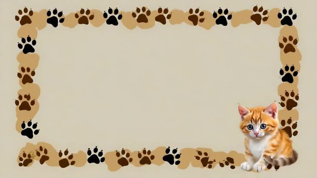 Cute ginger cat sitting beside paw print border on light background  postcard  International Cat Day