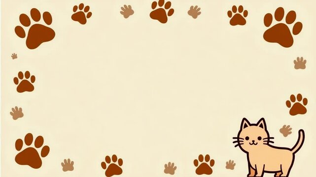 Cartoon cat with paw prints on beige background  postcard  International Cat Day