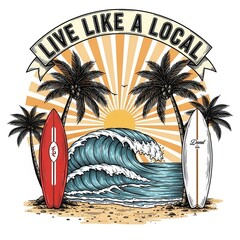 Tropical beach scene with surfboards and palm trees under a banner that reads live like a local