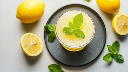 A refreshing glass of lemonade is pictured with fresh mint leaves and ripe lemons, inviting refreshment on a sunny day