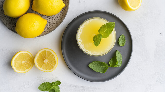 A refreshing glass of lemonade is pictured with fresh mint leaves and ripe lemons, inviting refreshment on a sunny day 