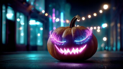 Halloween pumpkin glowing with neon lights. Spooky jack o lantern face with bright cybernetic eyes in urban night cityscape. All Hallows Eve, Samhain - Spooky Holiday Season, Fall Festival