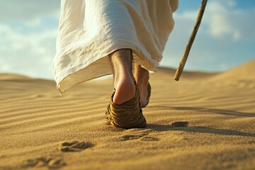 Jesus' feet walking on sand, Jesus wearing a white robe and sandals,