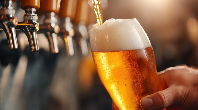 This dynamic image captures the moment of a refreshing beer being poured into a glass, showcasing frothy foam, a golden hue, and a lively atmosphere, perfect for beverage marketing.