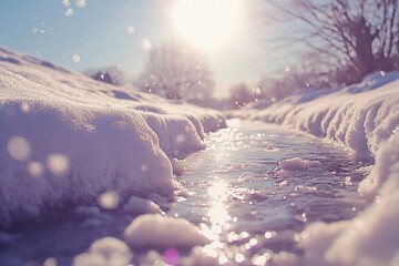 In the winter, there is an icy, snowy scene with a small stream flowing through it.