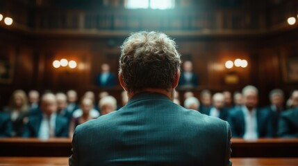 A man stands before a captivated audience in a finely detailed courtroom, conveying authority and intellect as he addresses the gathered officials and observers.