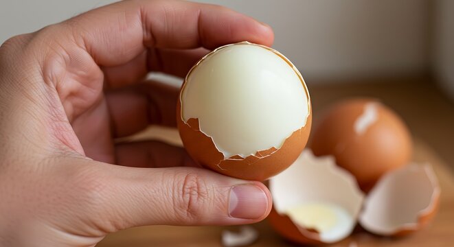 Hand holding a peeled hard boiled egg with more eggs in background