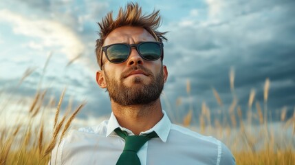 A stylish man with sunglasses standing confidently in a sunlit field, embodying self-assurance and style against a backdrop of serene natural beauty.