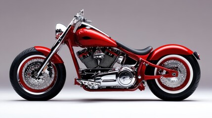 Obraz premium A stunningly designed red motorcycle prominently displayed against a sleek grey background, capturing the essence of power, speed, and modern mechanical artistry.