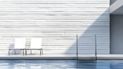 Obraz premium Modern poolside area with lounge chairs and stairs.