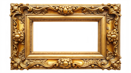 Ornate antique gold picture frame with intricate floral carvings and beaded detail isolated on a transparent background