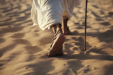 Jesus' feet walking on sand, Jesus wearing a white robe and sandals