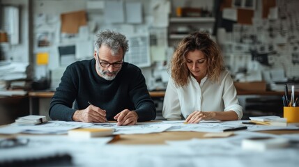 Obraz premium A thoughtful older man and a younger woman collaborate deeply in a creative design studio, focusing on their sketching work amidst a backdrop of numerous design elements.