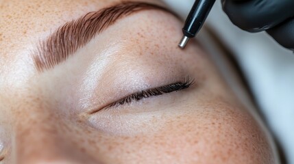 A close-up image depicts the intricate process of eyebrow tattooing, highlighting details of the treatment while showcasing the delicate artistry involved in beauty regimens.
