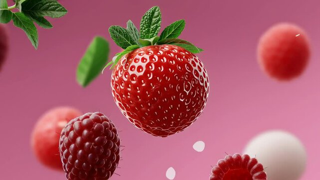 Vibrant strawberries and raspberries floating against a soft pink background, showcasing fresh fruits with lush green leaves, creating a visually appealing and appetizing composition for culinary desi