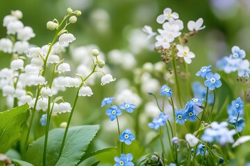 Lily of the valley and forget-me-nots growing in an English garden