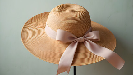 Hanging Straw Hat with Pale Blue Bow – Rustic Summer Accessory on Neutral Wall