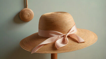 Hanging Straw Hat with Pale Blue Bow – Rustic Summer Accessory on Neutral Wall
