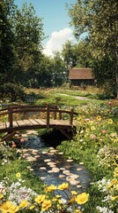 Sunny meadow, rustic bridge, wildflowers