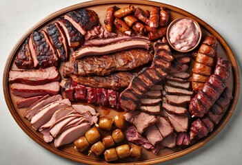 Meat platter, different types of meat and sausages laid out on a rounded dish, top view