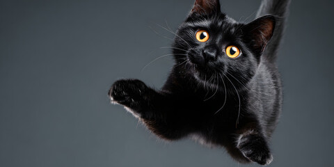 International cat day with feline fur idea. A black cat leaps in mid-air with a curious expression.