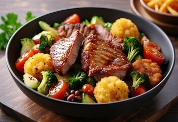 Appetizing fried meat, grilled steak, with colorful vegetables in a bowl