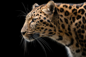 Obraz premium Close-up portrait of a leopard showcasing its spotted fur and intense gaze against black.