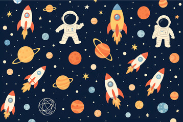 Cartoon Rockets, Astronauts, and Planets in Colorful Outer Space on a Dark Blue Background. Vector Patterns Random Pattern