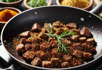 Stewed meat in a frying pan, garnished with herbs