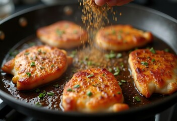 Chicken cutlets are fried in a frying pan, the meat is sprinkled with spices by hand