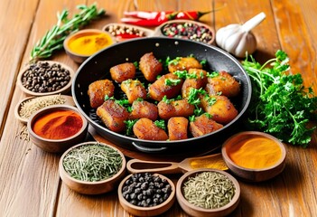 Fried pieces of meat in a frying pan and bowls of spices around