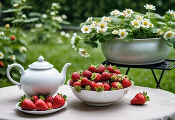 Summer still life, white dishes with ripe strawberries and white ceramic teapot on round white table, pot with daisy flowers nearby