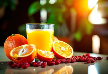 A glass of freshly squeezed orange juice, oranges and goji berries nearby
