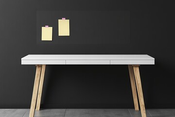 Minimalist black background for product display, white desk with wooden legs and two sticky notes
