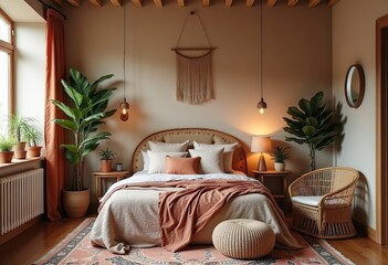 Bedroom interior in boho style, bright room, large bed, beige and brown tones, authentic decor elements
