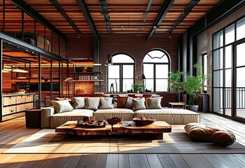 Interior design, loft style room, high ceilings, wooden beams, panoramic windows, large sofa, lots of space